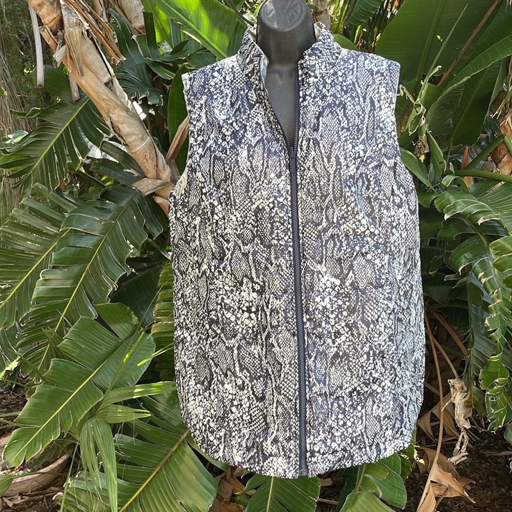 Chico’s energy, reversible, snake print and silver puffer vest